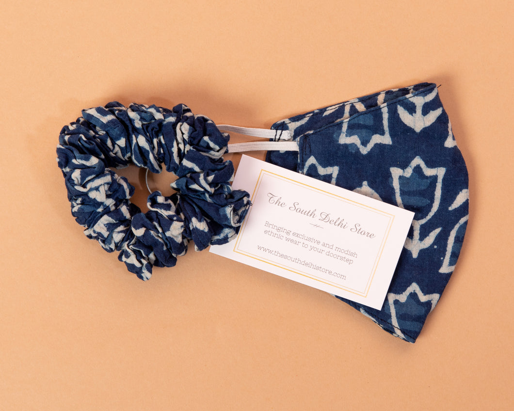 Blue Cotton Scrunchie and Mask Set