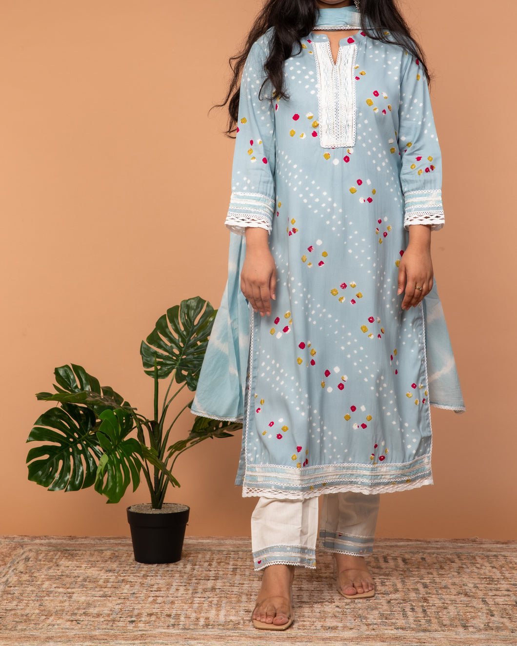 Powder Blue Straight Suit Set with Tie Dye Dupatta